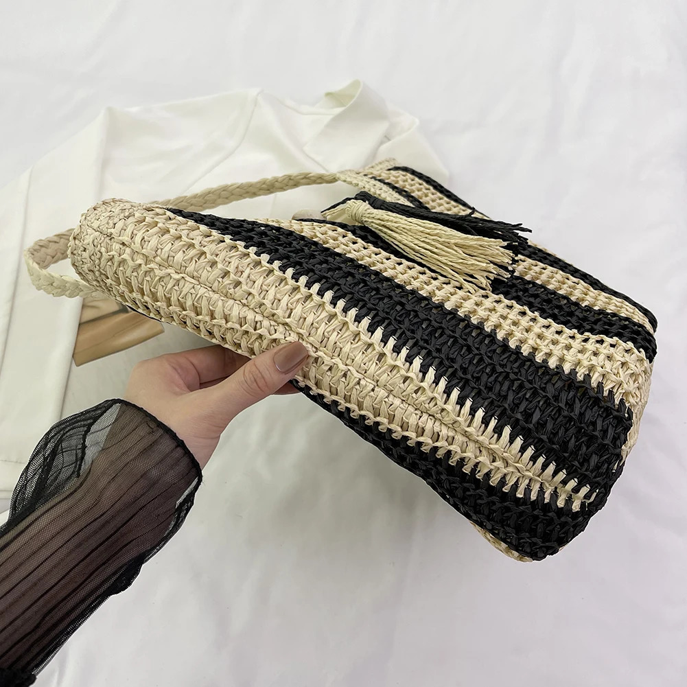 Striped Straw Beach Bag Large Vacation Bag Woven Holiday Travel Handbag with Tassel for Women Work Travel Vacation R250312