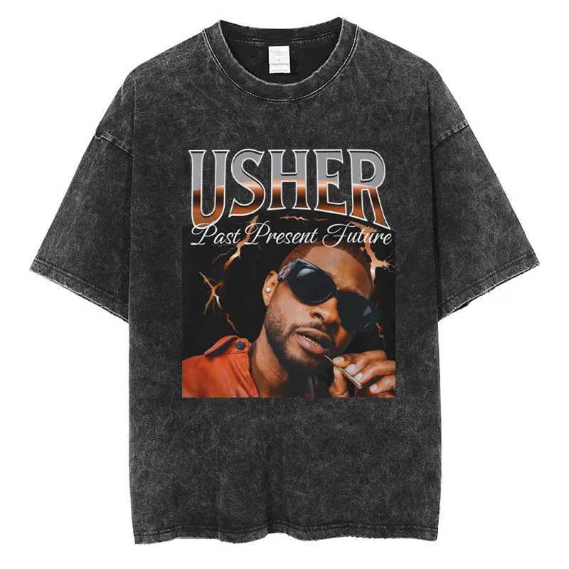 Rapper Usher Graphic Washed T Shirt Vintage Harajuku Men Women Oversized T-shirts Cotton Casual Fashion Summer Ts Strtwear X250313
