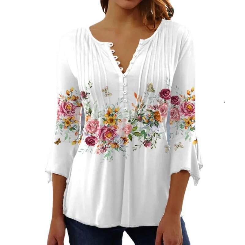 European and American Spring/Summer Fashion Women's wer Printed V-neck Short Sleeve Folded Button T-shirt Bottom Shirt 2025 Versatile New Trendy 