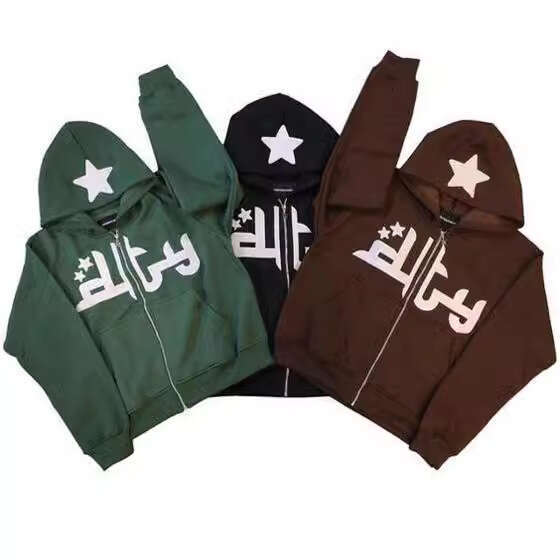 Autumn and Winter New Personalized Trend Embroidered Printed Hoodie Cardigan High Street Casual Hip Hop Metal Zipper Coat