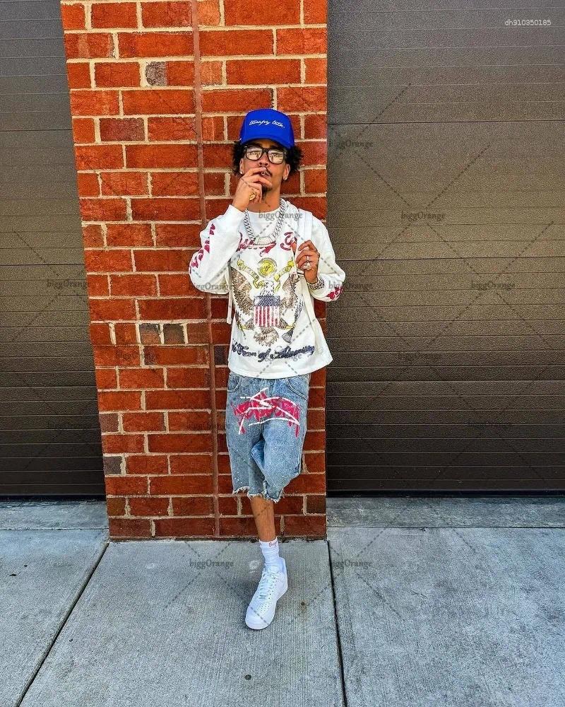 Men's Shorts 2025 Harajuku Street Hip-Hop Casual Loose Straight Jeans Men American Letter Print Fashion Versatile Denim Women