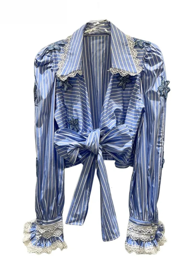 Women Shirt Patchwork Lace Bow Bandage Embroidery Blue Striped Single Breasted Short Blouse 2025 Spring New Fashion 29L8151