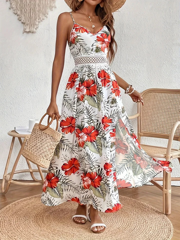 Floral Bohemian Women Dress Summer Vacation Beach Sundress Fashion Korean Female Clothing Slim Elegant Sexy Long Skirt M XL 250313