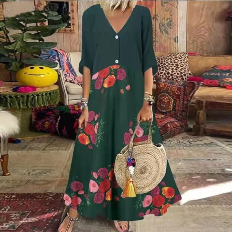 Vintage Print Maxi Dress Women Spring Summer Casual V-neck Short Sleeve Button Oversize Loose Dress Elegant Long Dresses Female 250313