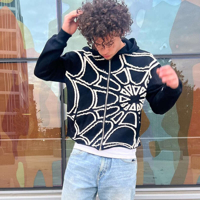 Wind autumn and winter spider print patchwork design loose zipper hooded trendy sports street unisex hoodie