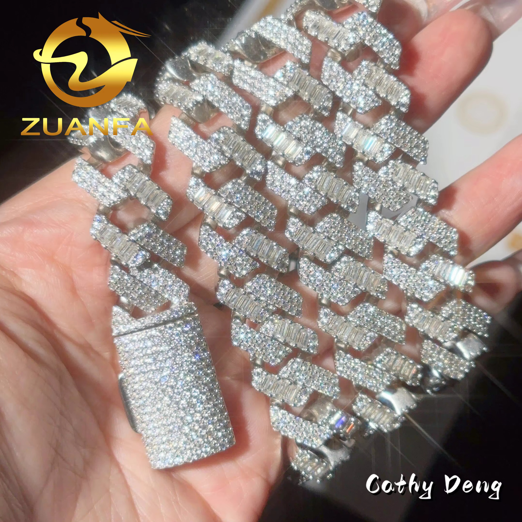 Mix Cut Design3 Row 15MM Solid 925 Silver Cuban Link Moissanite GRA Certified Hip Hop Moissanite Chain Necklace