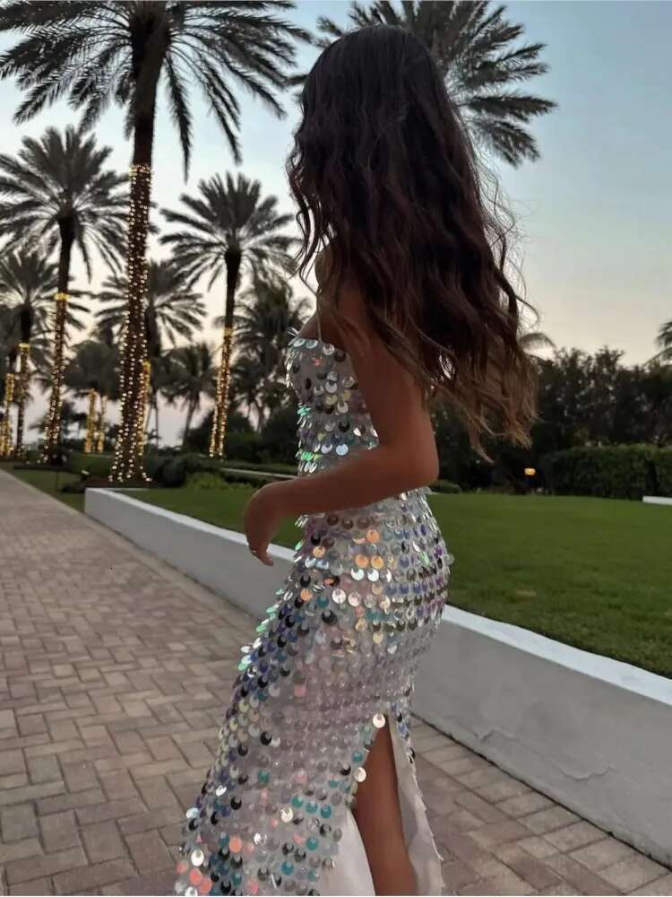 Beaded Irregular Slip Dress Sequin Holiday Halter Boho Long Dresses Sparkg Sexy Backless Slim Fit Suspender Evening Robes