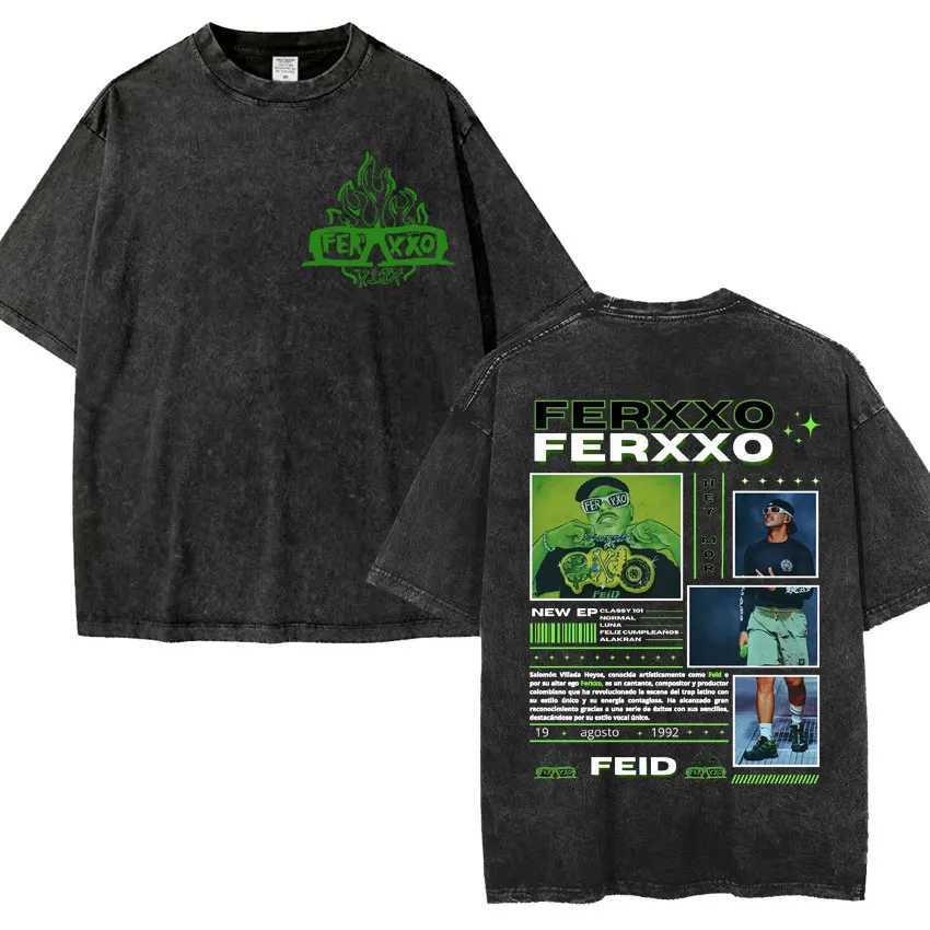 Feid Ferxxo World Tour 2024 Retro Washed T Shirt Men Women 90s Hip Hop Style Short Slve T-shirts Fashion Casual Oversized Ts X250313