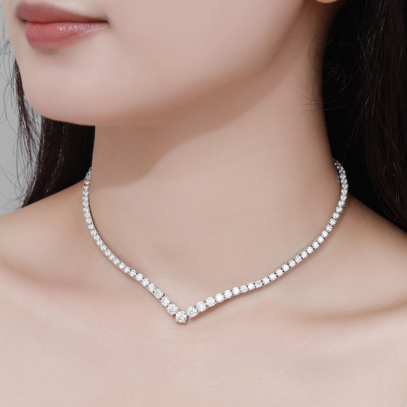 KNOBSPIN Moissanite Tennis Necklace for Woman V Style Wedding Party Neckchain 925 Sterling Sliver Plated 18k White Gold Necklace