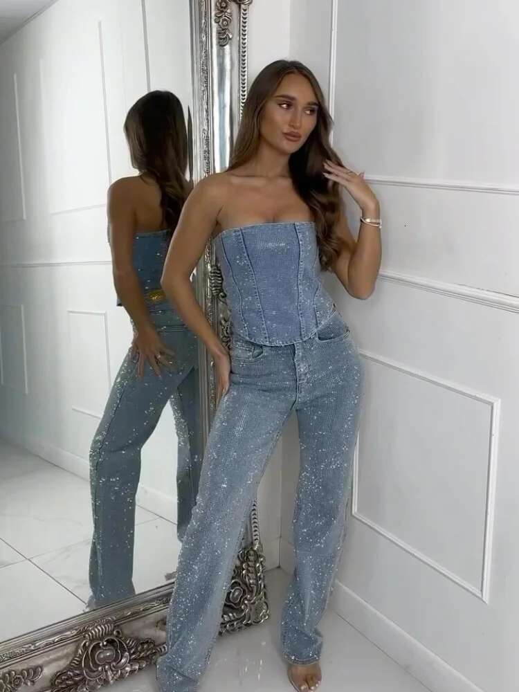 Sexy Sequin Denim Vest Pants Set Women Y2k Solid Sleeveless Tube Crop Top High Waist Zipper Jeans 2025 Fashion Street Party Sets