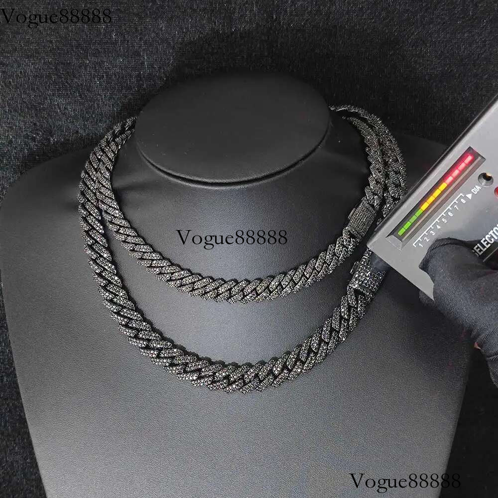 2025 Plated Sier VVS Black Moissanite Pass Dia Tester Cuban Chain Hip Hop 10/12mm 2 rows Rhomboid Necklace