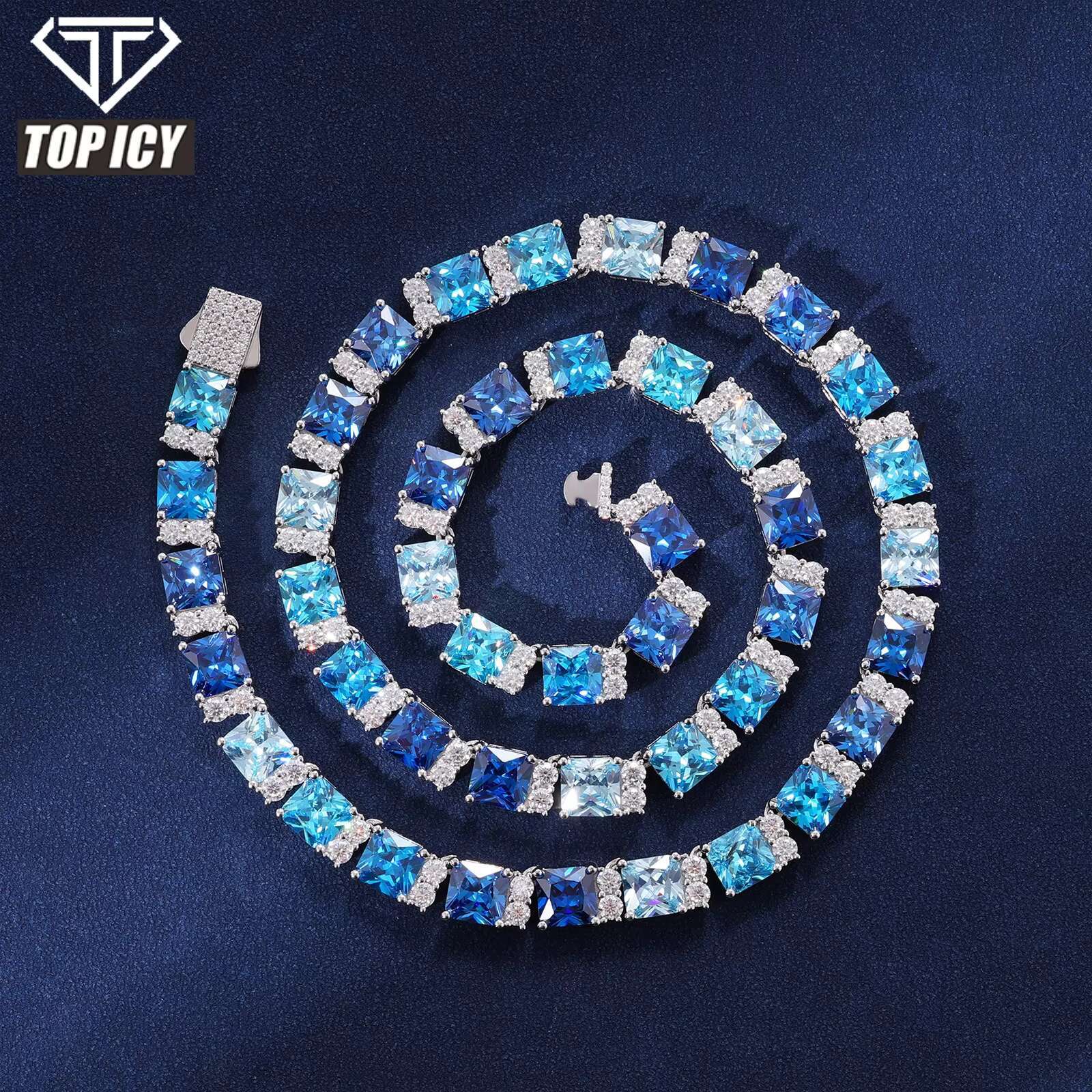 New design pure sier Vvs Moissanite 6.5mm long stick tennis chain necklace, summer blue gradient accessory