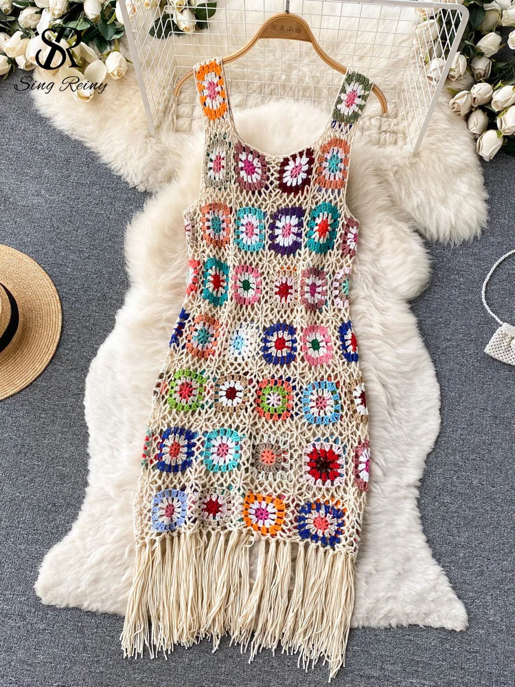 SINGREENY Sunmmer Knitted Dress Hook Flower Hollow tassel Womens Ultra Thin Street Clothing Original n Fashionable Retro 250313