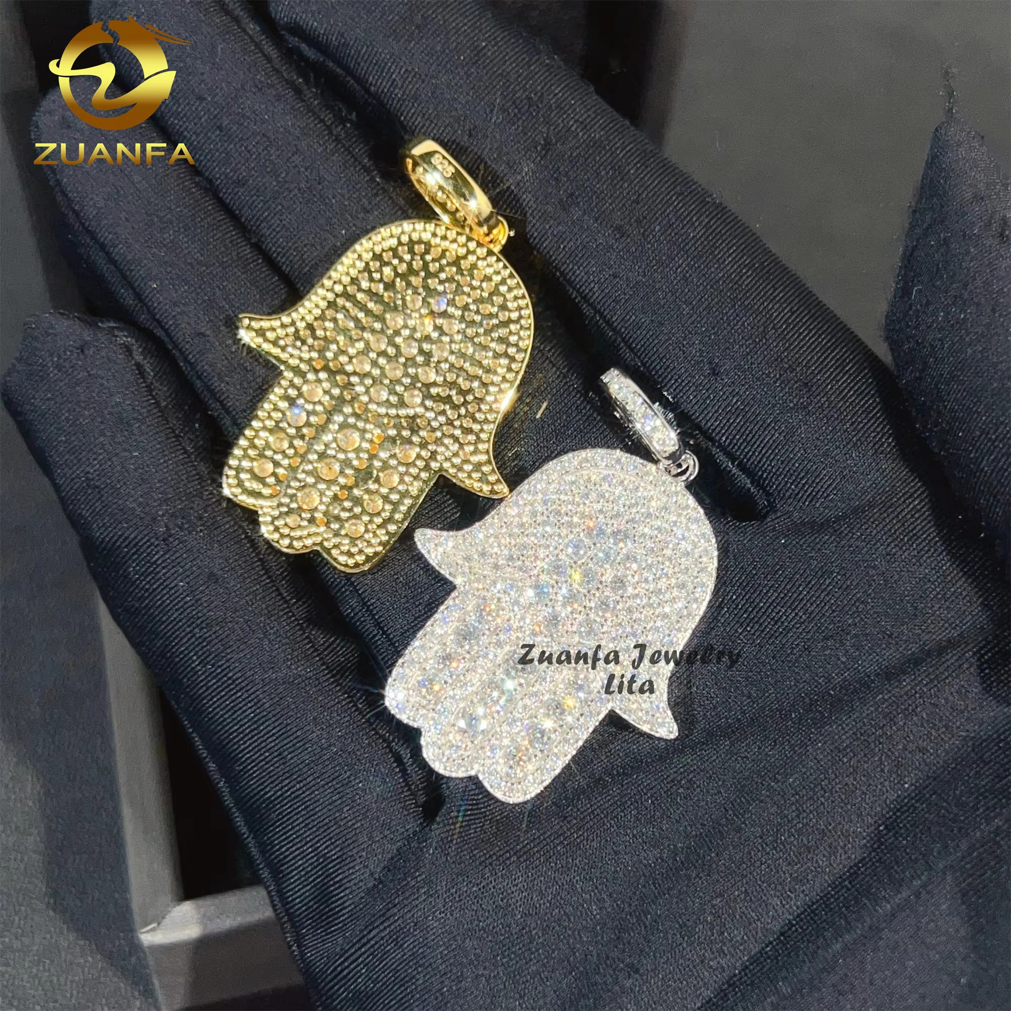 Hip Hop Fashion Rapper Charm 925 Sterling Silver Iced Out Diamond Moissanite Hamsa Hand Pendant