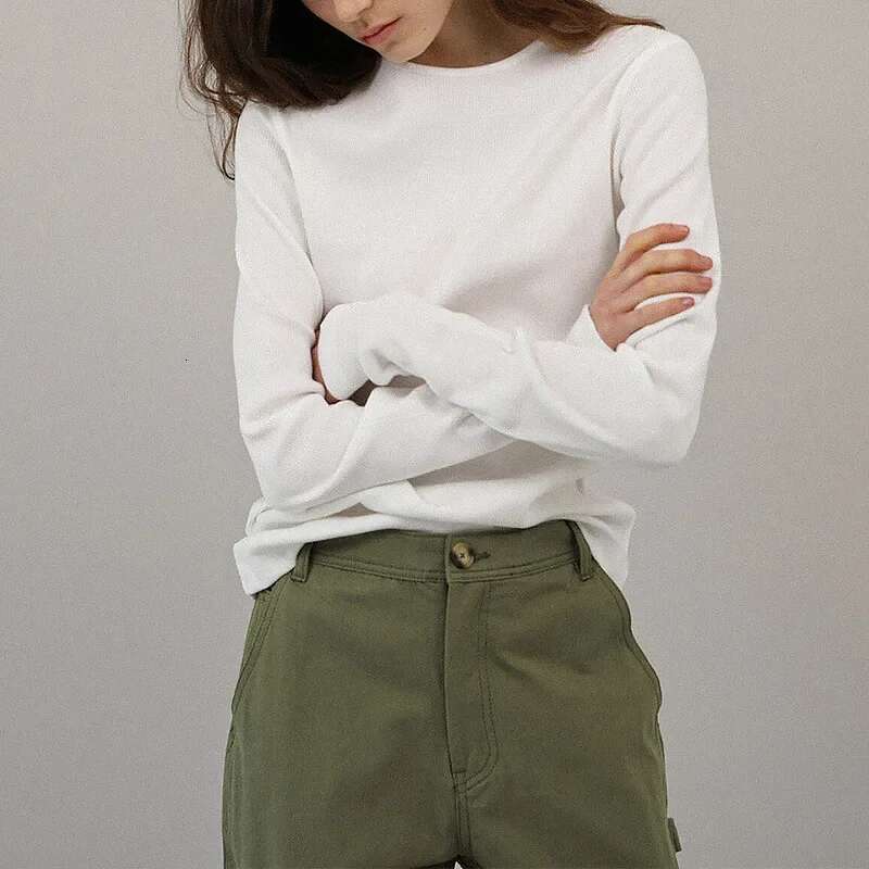 Cotton Round Neck Long-Sleeved White T-Shirt Women's Spring New Threaded Haruku Chic Basic Tees Casual Female Tops
