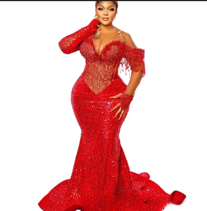 Glitter Red Sequined Mermaid Prom Dresses Pearls Sequins Beads Long Sleeves Aso Ebi African Arabic Formal Reception Gown 2025 Sparkly Elegant Evening 