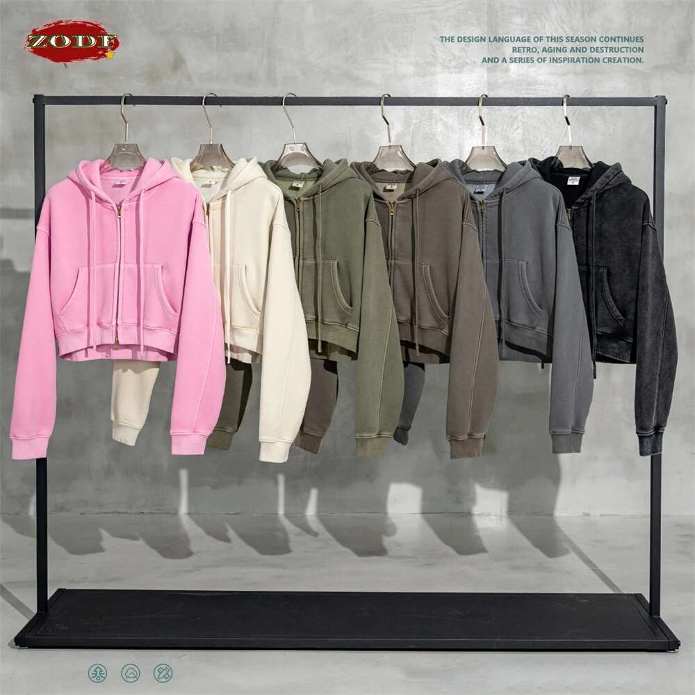 Retro Winter Women Short Zipper Hoodies Female Girls Loose Thick Fleece Hooded Zip-Up Coat Streetwears H