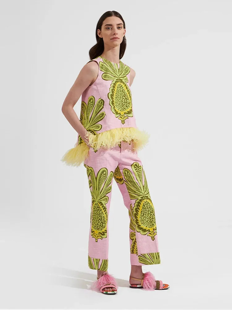 Feather Print Women Tanks Pants Sets Colorful Sleeveless O-neck Vest Top Straight Trousers Suits 2 Pieces Chic Street Outfits 250312