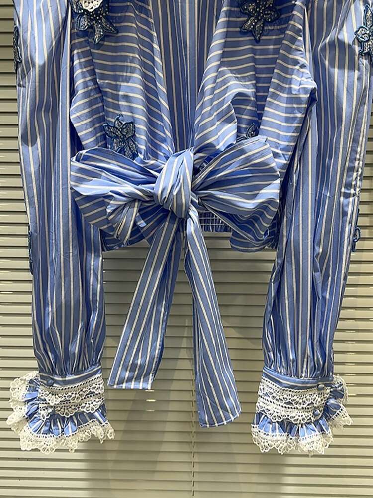 Women Shirt Patchwork Lace Bow Bandage Embroidery Blue Striped Single Breasted Short Blouse 2025 Spring New Fashion 29L8151