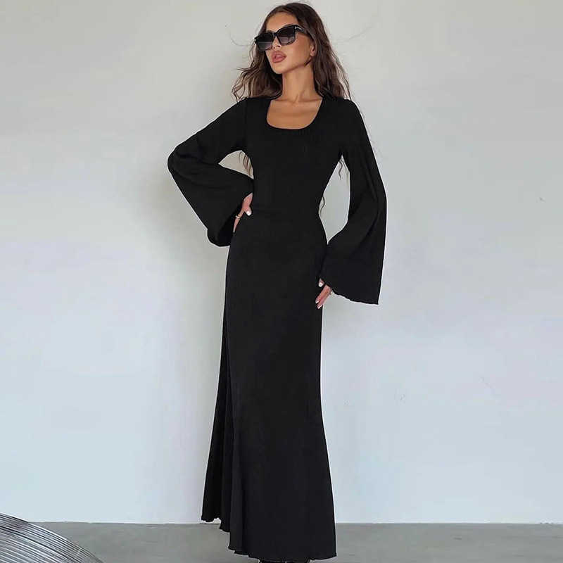 Womens 2023 autumn fashion loose U-neck back lace up long sleeved dress T250312