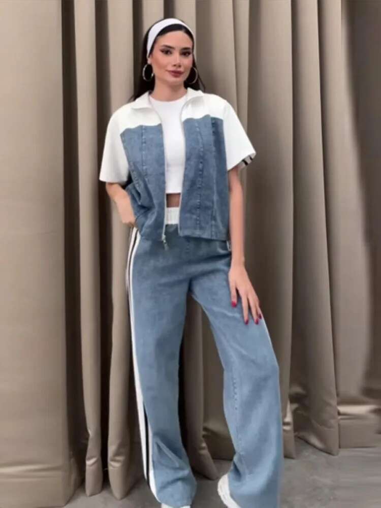 Casual Denim Patchwork Stripe Women's Suits Short Sleeve Zipper Tops High Waisted Wide Leg Pants Two-Piece Set Spring Summer New