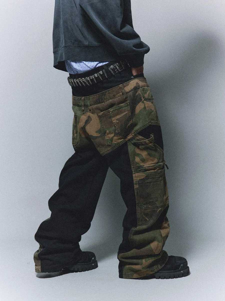 REDDACHIC Retro Patch Work Camouflage Cargo Jeans Mens Comparison Loose High Waist Hip Hop Wide Leg Jeans Harajuku Street Clothing X250313