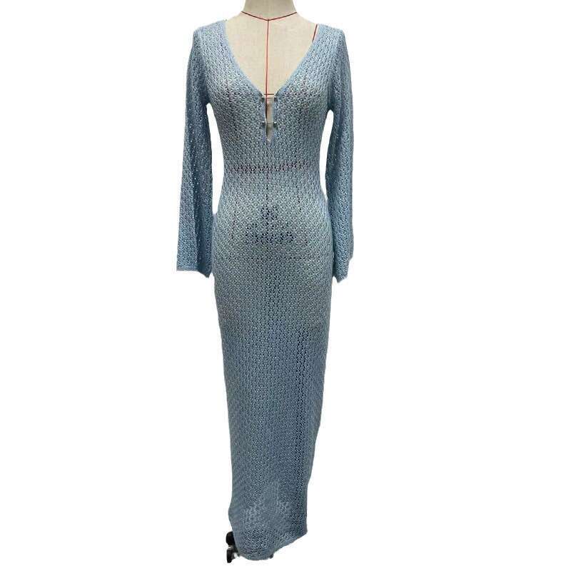 European and American summer solid color sexy knitted hollow beach bikini swimsuit women's dress 2025 new casual fashion trend clothing