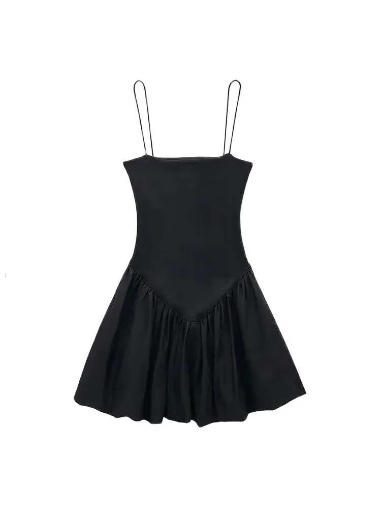 TRZAWomens Patchwork Ribbed Poplin Puff Mini Dress Straight Neck Thin Straps Female Dresses Sexy Fashion 250313