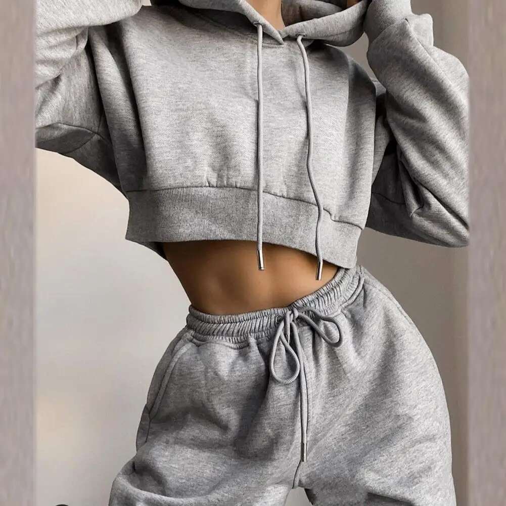 White Autumn Sexy Pants Set Tracksuit Hooded Drawstring Women Long Sleeve Crop Top Hoodies Pockets Trousers For Sports