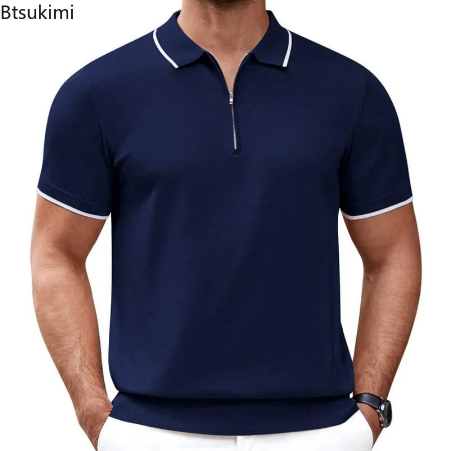 Mens Summer Casual Knitted Polo Shirts Formal BusinessTurn Down Collar Solid Short Sleeve TShirt Leisure Breathable Tops 250313