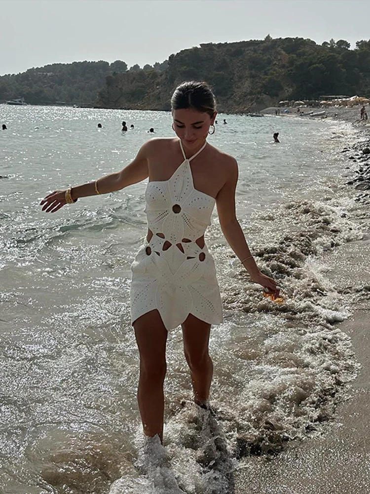 3D Flower Knit Crochet Short Dress For Women Sexy Halter Hollow Out Sleeveless Backless Dresses Lady Summer Beach 250313