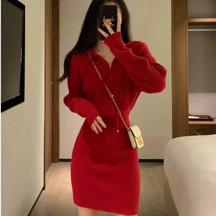 T33215 New chic unique fashion red sweater knitted long-sleeved hooded hip dress sub-trend