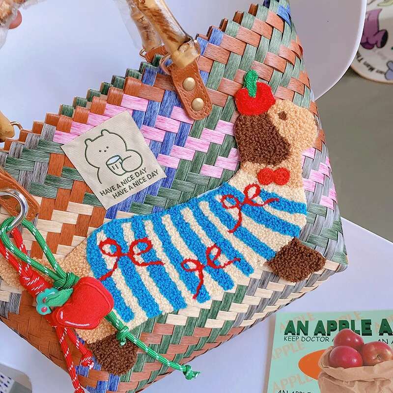 Summer Cute Dahund Casual Vegetable Basket Retro Colorful Wicker Woven Beach Straw Bags Girls Women Travel Handbag