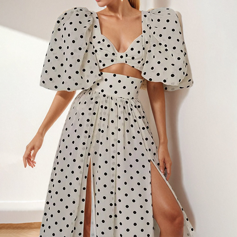 2025 Spring New Bubble Sleeve Short Top Seaside Vacation Style Sexy Split Skirt Set