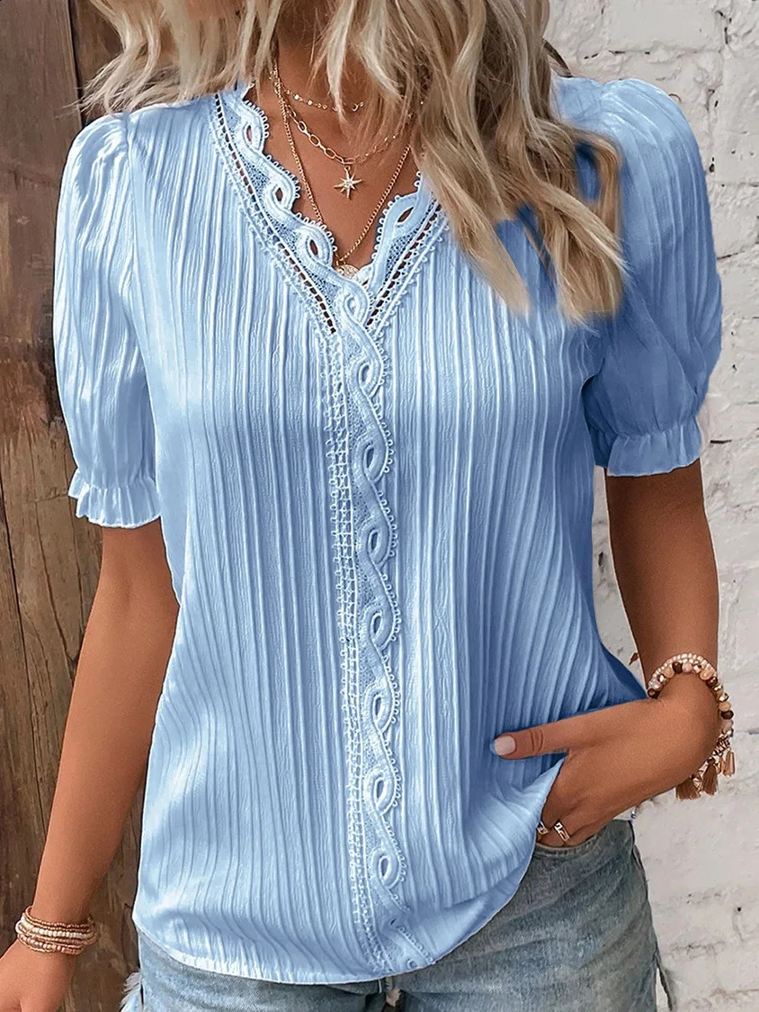 Womens Summer Top Solid Sexy V-Neck Hollow Short Sleeve Shirt Fashion Splice Plus Size Blouse Loose Street Apparel 250313
