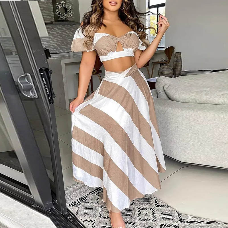 2025 Temperament Women's Abstract Printed Short Sloping Shoulder Top With Slit Skirt Fashion Set 661