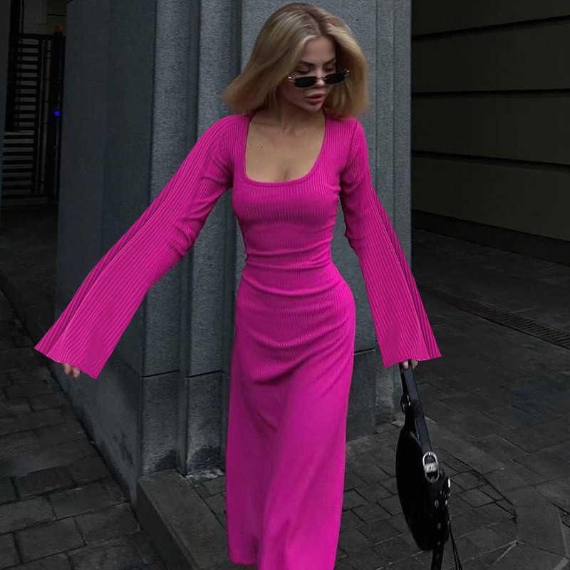 Womens 2023 autumn fashion loose U-neck back lace up long sleeved dress T250312
