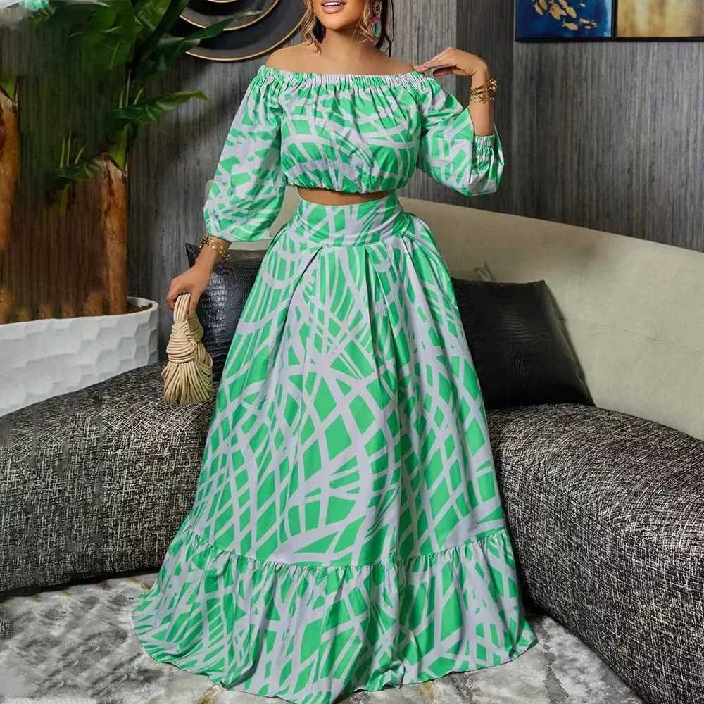 Two Piece Dress Boho Luxurious Two Piece Sets Womens Suits Fashion Print Sexy V-neck Crop Top + Long Skirt 2 Piece Set Elegant Casual Suit Y250315E05P
