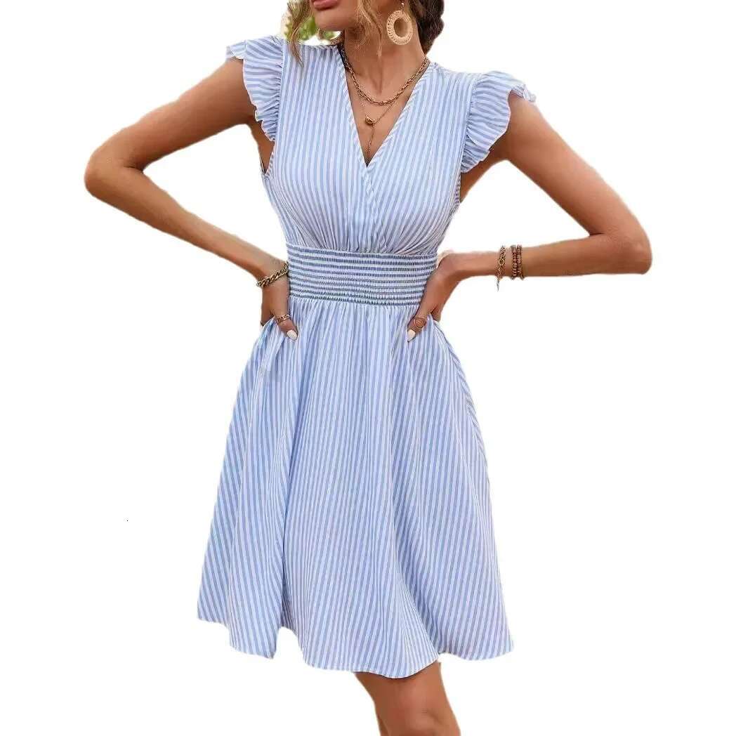 2024 New Women's Summer Dress Stripe Printing Butterfly Sleeves Fashionable European American Style Clothing