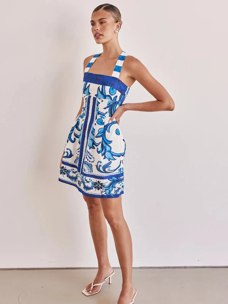 Summer Fashion Womens Elegant Print Bohemian Short Skirt Vacation with Girl Sexy Color Blocked Dress 250313