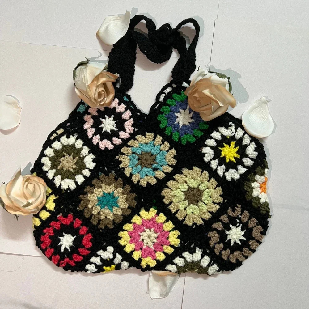 Large Capacity Fashion Cut-out Boho Tote Bag Trendy Floral Crochet Handmade Knitted Bag Vintage Multicolor Hollow Out Handbag R250312