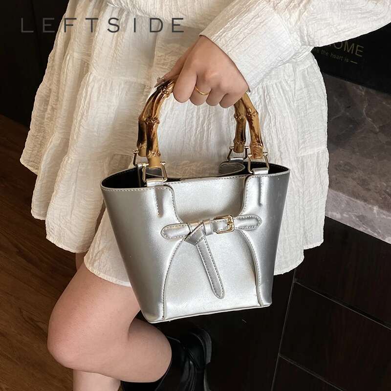 Short Handle PU Leather Bucket Crossbody Bags For Women Trend Y2k Ladies Sier Shoulder Bag Handbags