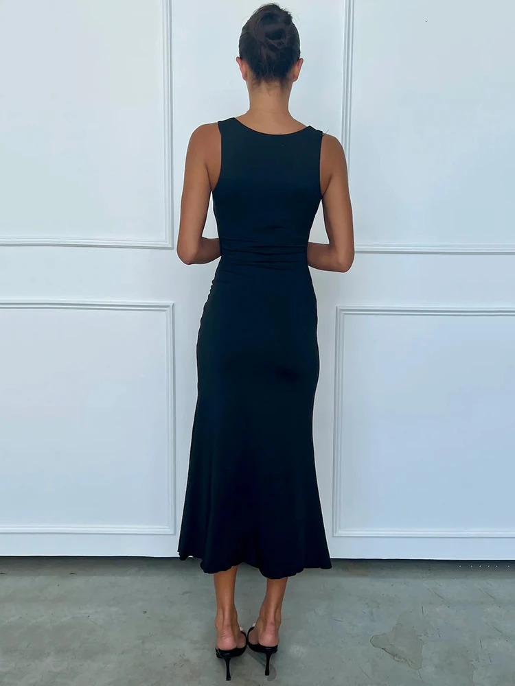 JULISSA MO Sexy Deep Vneck Metal Button Women Maxi Dress Black Sleeveless High Waist Female Summer Slim Elegant Beachwear 250313