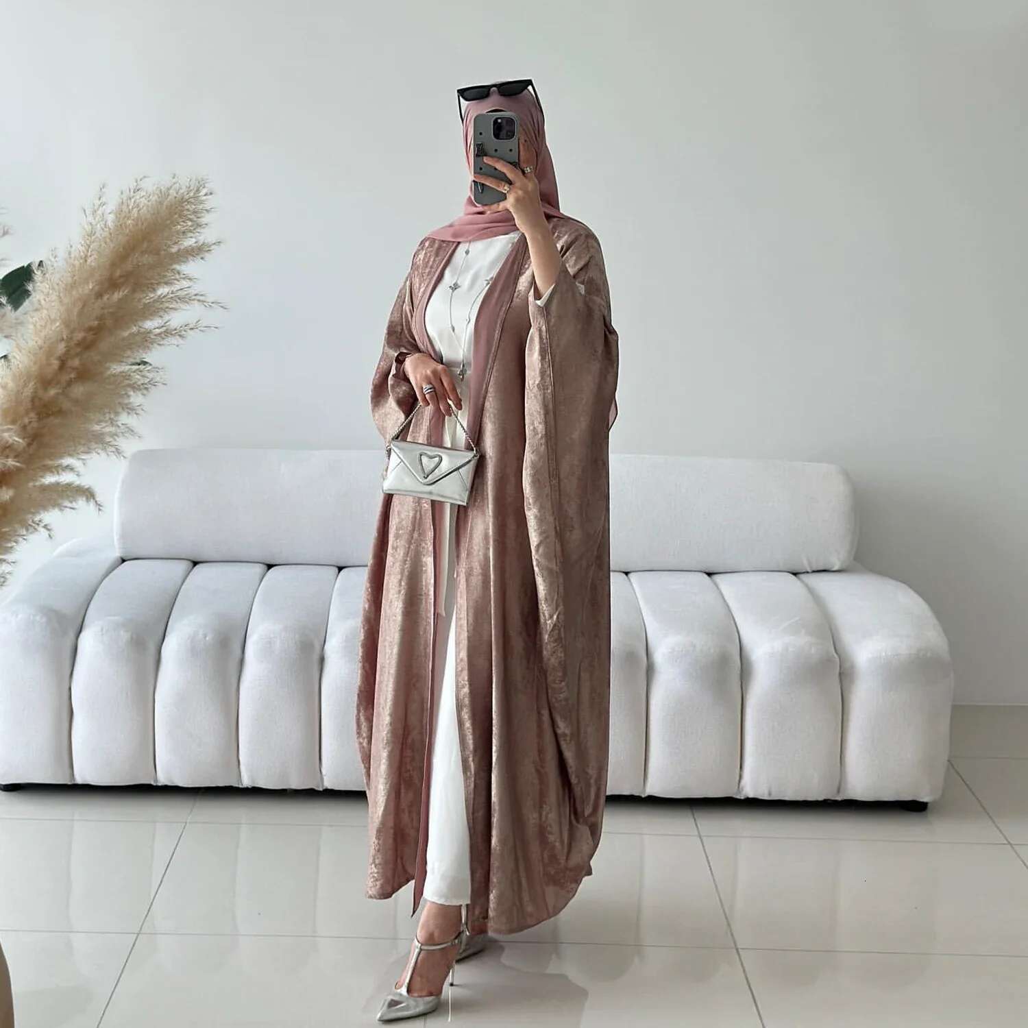 Fashion Elegant Dubai Turkish Abaya 2 Piece Set Muslim's Women Inner Under Dress Abayas Open Front Cardigan Suit 796