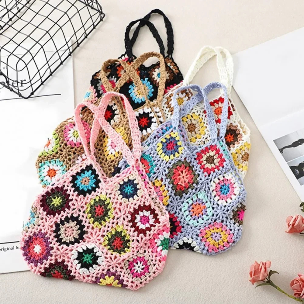 Large Capacity Fashion Cut-out Boho Tote Bag Trendy Floral Crochet Handmade Knitted Bag Vintage Multicolor Hollow Out Handbag R250312