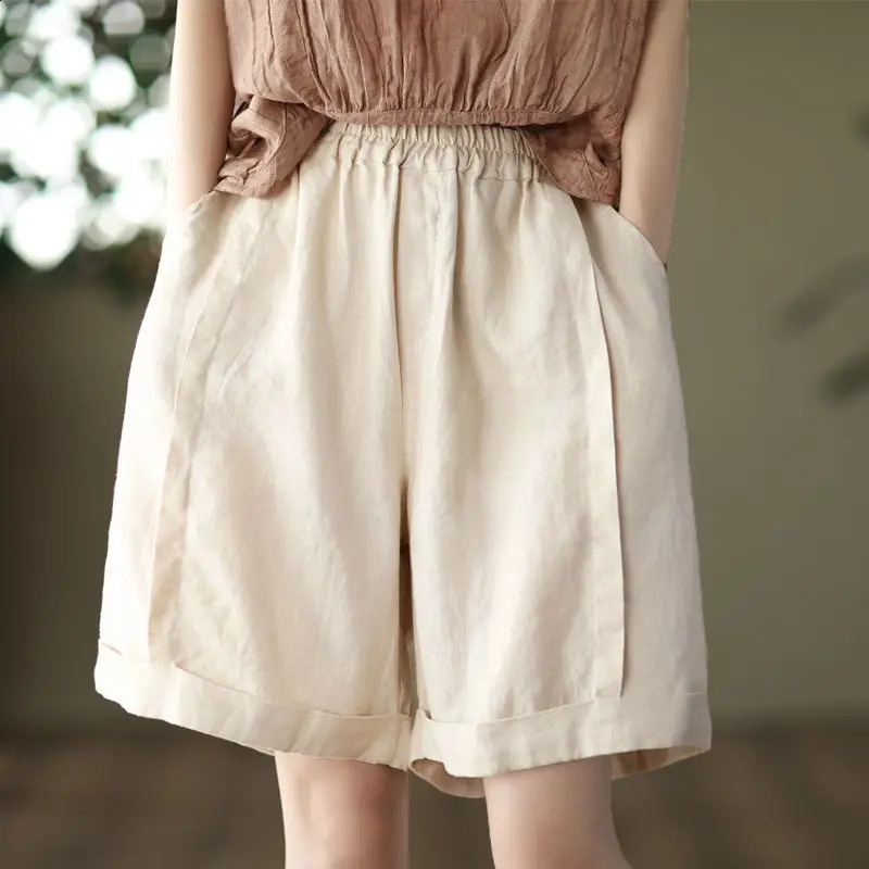 Vintage Cotton and Linen Summer Shorts Lady Patchwork Wide Leg Pants Loose Straight Leg Pants Casual Solid Color All-match Pants 250313
