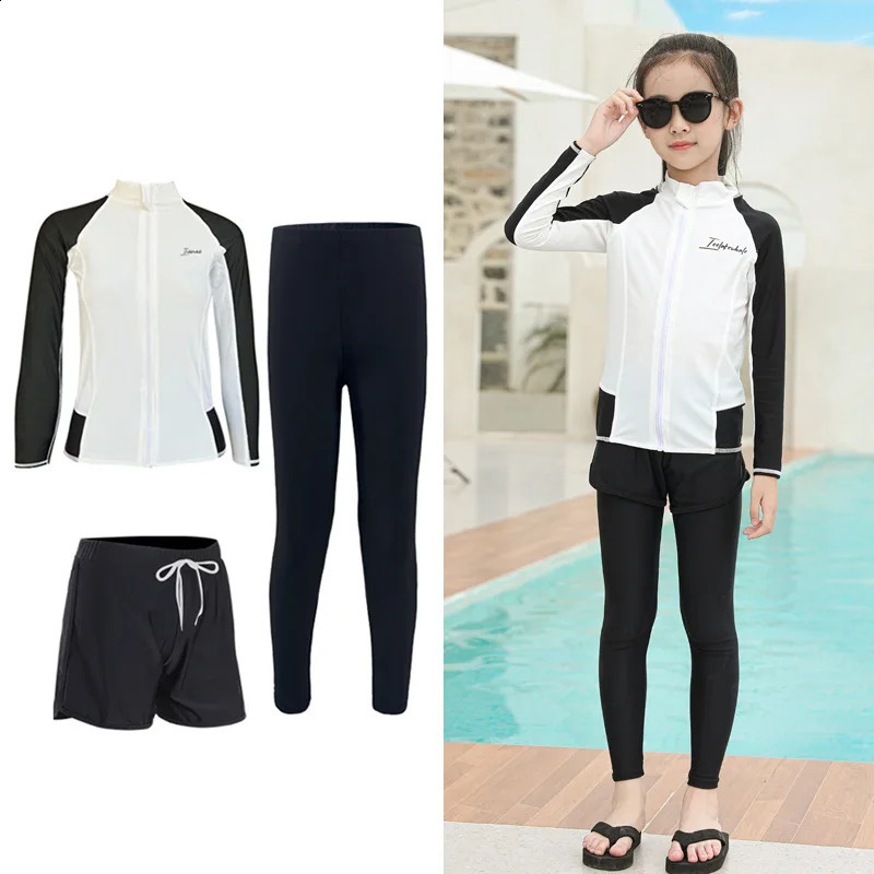 Three Piece Long Sleeve Cover Up Swimwear Korean Beach Wear Kids Girls Boys Swimsuit White Black Rash Guard Bathing Suits Pants 250313bj