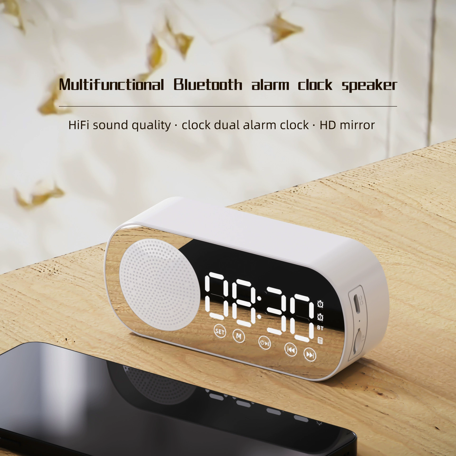 Smart Bluetooth Speaker Clock with Mirror Display, Dual Alarms & HIFI Bass | Portable Compact Desk Gadget for Home/Travel, FM/TF Card Music Gift Idea