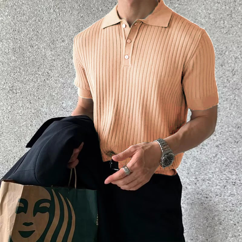 Summer mens retro knitted lapel striped polo shirt solid color thin comfortable short sleeved Tshirt item 250313