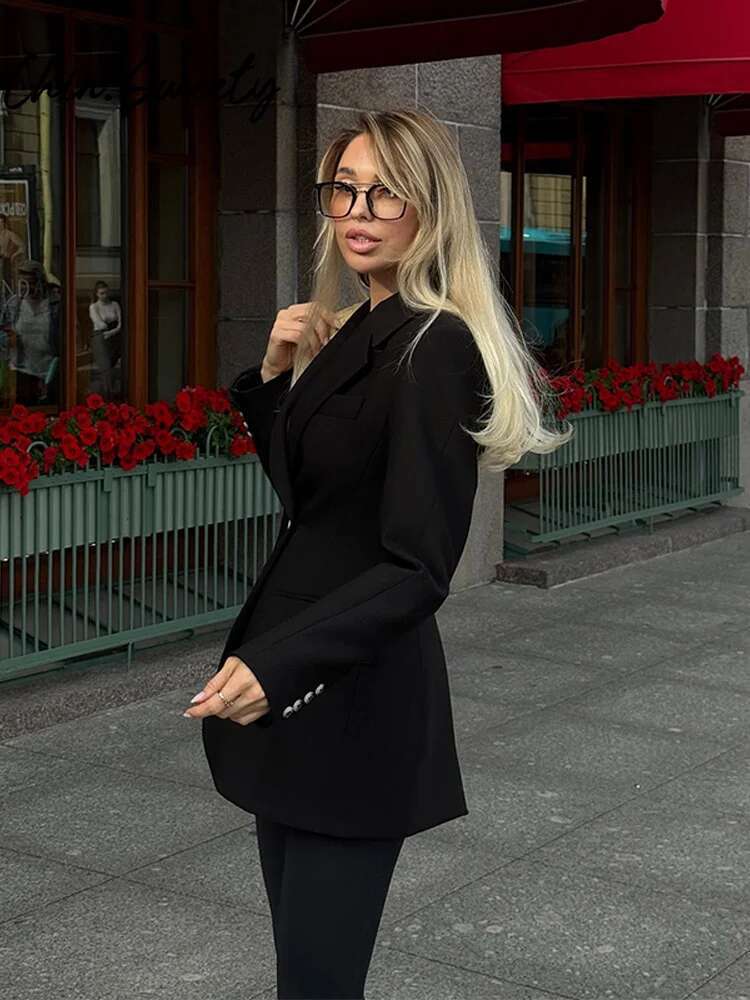 Elegant Solid Women Blazer Slim Long Sleeve Lapel Single Button Pocket Female Coat 2025 Spring Autumn Urban Lady Streetwear